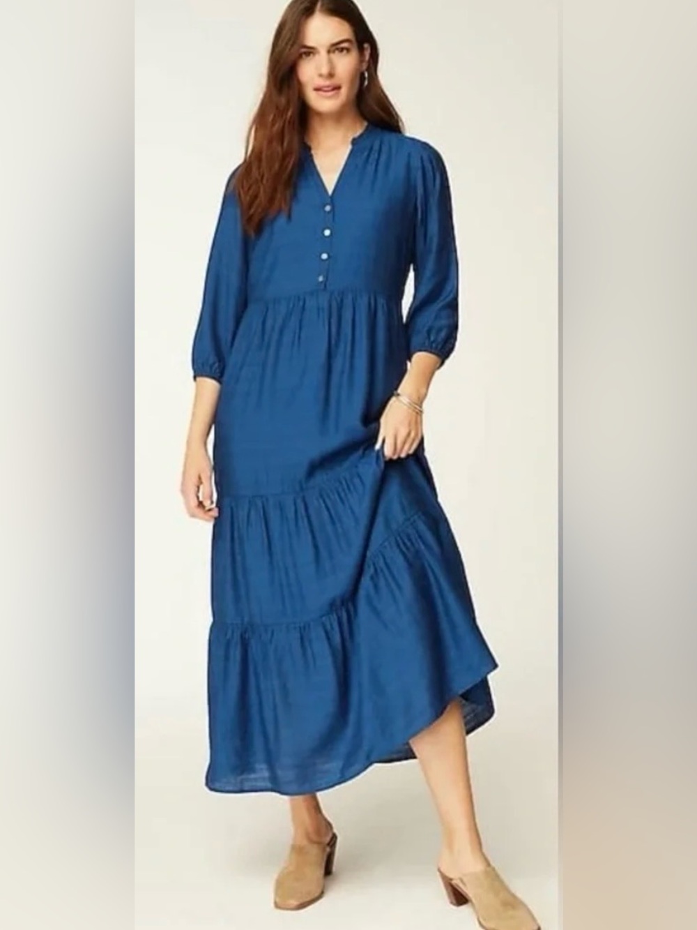 J. Jill Ruffles Neckline Button Front Tiered Blue Dress Maxi Size Large Petite